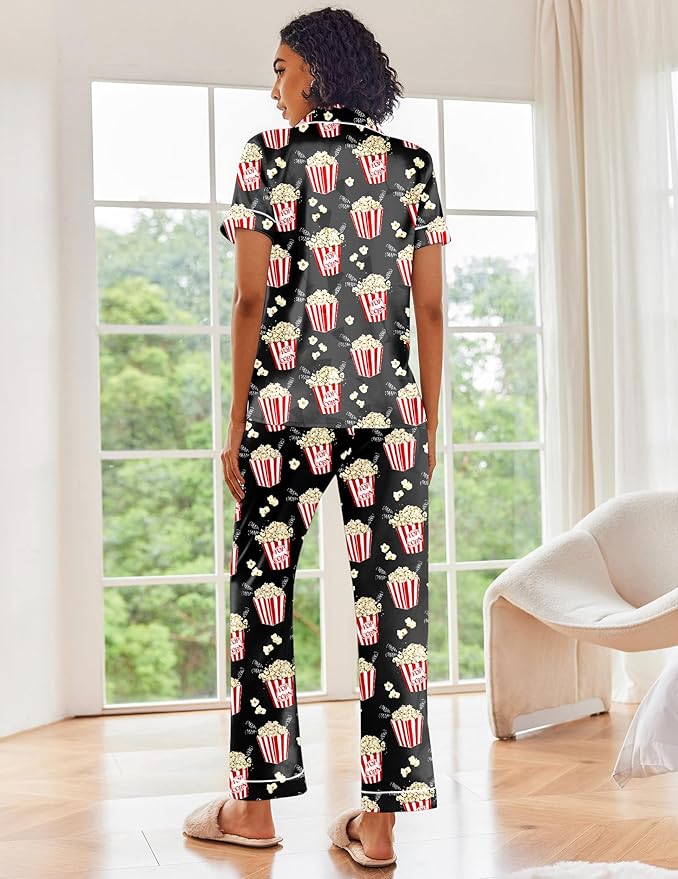 Ekouaer Silk Satin Pajamas Set Women Short Sleeve Sleepwear Soft Button Down Loungewear Pjs Set