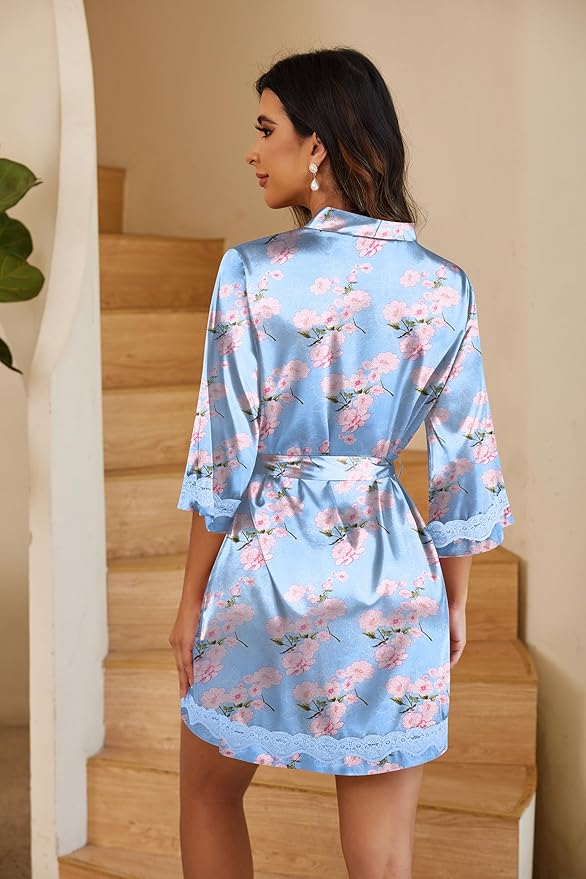 Ekouaer Women's Lace-Trim Silk Robes Bride Bridesmaid Kimono Satin Bathrobe V Neck Sleepwear with 3/4 Sleeve