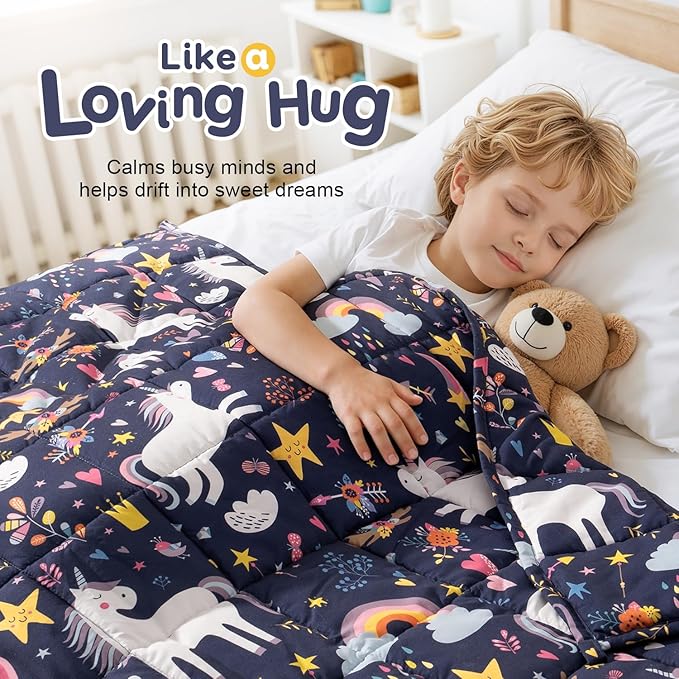 Kivik Unicorn Weighted Blanket 3lbs, Cooling Breathable Small Blankets, Soft Heavy Throw for School Calming & Bed Sleep Gifts for 4 5 6 7 + Year Old, Machine Washable, 36''x 48'', 3 Pounds, Navy Blue