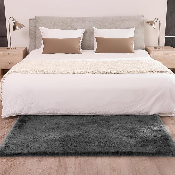 Ultra Soft Shag 3x5 Grey Area Rug – Fluffy Plush Rugs for Bedroom, Bedside, Living Room, Dorm, Kids and Girls Room, Study, Office, Playroom, Non-Slip Easy to Clean Home Décor Carpet