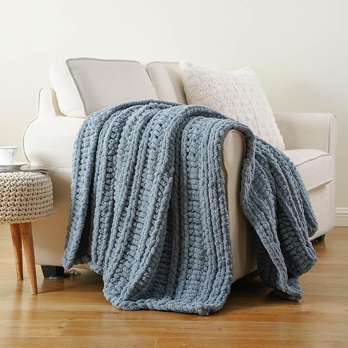 Battilo Bluish Grey Chenille Throw Blanket, Chunky Knit Throw Blanket for Couch, Soft Cozy Warm Cable Knit Blankets for Bed, Sofa, Living Room, 50"x60"