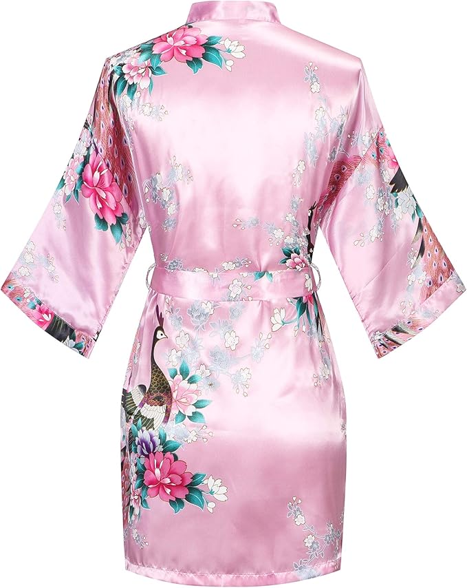 Women's Short Kimono Robes Bride and Bridesmaid Satin Floral Bathrobe Peacock Sleepwear Dressing Gown for Wedding Party