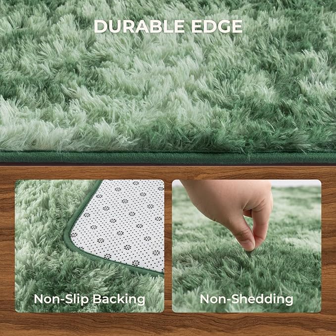 Litanika 5x8 Fluffy Shag Faux Fur Area Rug for Living Room Bedroom, Tie-Dyed Forest Green High Pile Soft Plush Shaggy Furry Bedside Playroom Dorm Carpet, Non-Slip, Non-Shedding Modern Indoor Floor Rug