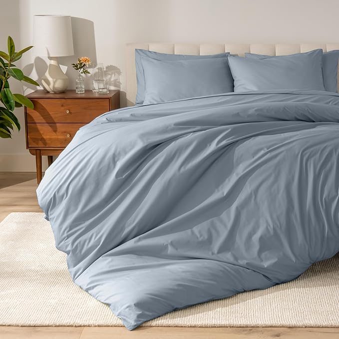 Bare Home 100% Organic Cotton Queen Duvet Cover Set - Crisp Percale Weave - Lightweight & Breathable - Cooling Duvet Cover Set (Queen, Dusty Blue)