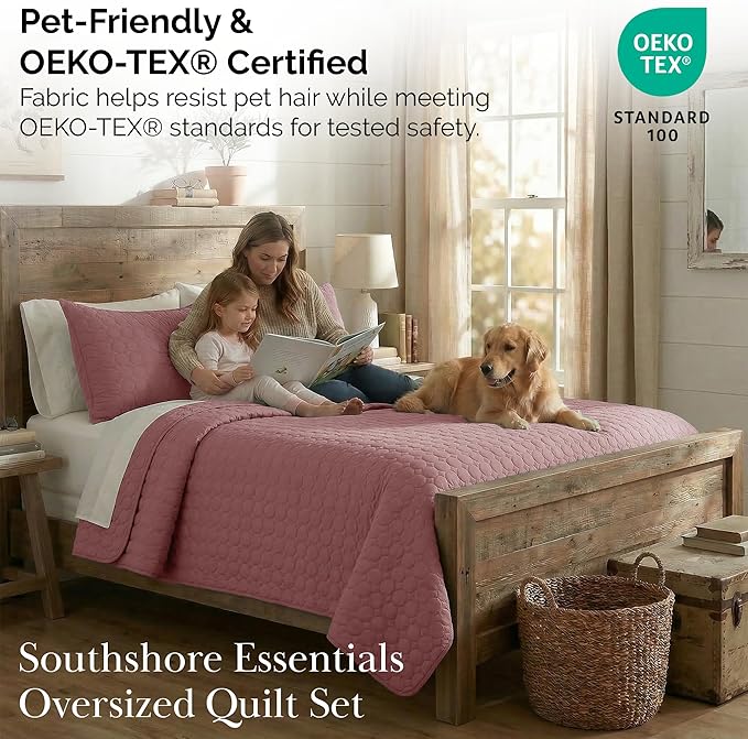 Southshore Fine Living, Inc. Oversized Quilts for King Bed, Soft Coverlet, Lightweight Bedspread, 3-Piece Set with Two Matching Quilted Pillow Shams, All Season Cal/King Quilt, Withered Rose Quilt