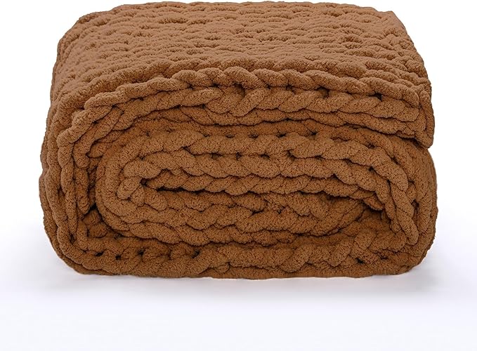 YAAPSU Chunky Knit Throw Blanket for Couch, 51"x63", 100% Hand Knitted Thick Cable Knit with Cozy Jumbo Chenille Yarn, Soft Large Rope Knot Crochet Blankets for Sofa Bed Living Room Décor, Caramel