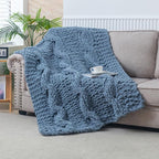 WESHIONGOO Chunky Knit Blanket Throw 50"×60" Knitted Throw Blankets for Couch Bed Fluffy Soft Blanket with Jumbo Chenille Yarn Thick 100% Handmade (Dusty Blue)