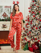 Ekouaer Womens Satin Silky Pajama Set Short Sleeve Shirt with Long Pajama Pant Set Soft PJ Loungewear