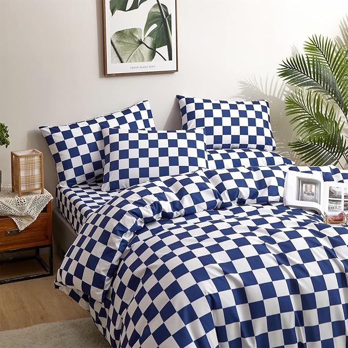 CLOTHKNOW Blue White Plaid Queen Comforter Set 3Pcs Grid Bedding Comforter Sets Checkerboard Comforter Royal Blue White Comforter with 2 x Pillow Cases