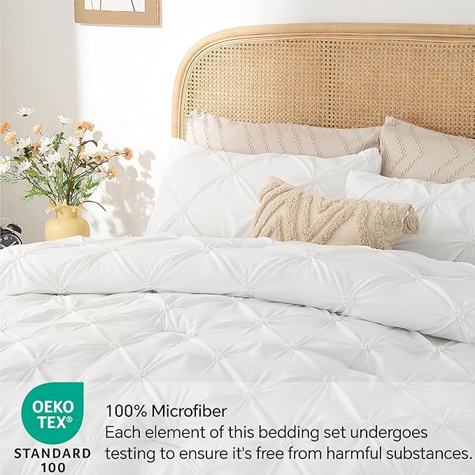 BEDELITE White King Size Comforter Set - 3 Pieces Boho Pintuck Bedding Comforter Sets, Lightweight Soft & Warm King Bedding Set with 2 Pillowcases for All Season
