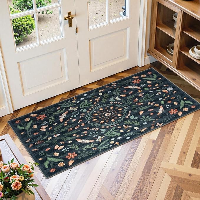 Lahome Insect Botanical 2x4 Black Kitchen Runner Rugs Non Skid Washable, Rug Runners for Hallways Non Slip Bathroom Carpet Runner, Soft Indoor Runners for Entryway Laundry Bedroom(Black,2x4)
