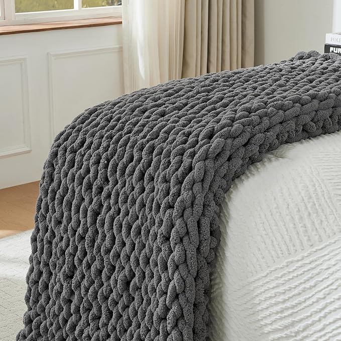 YAAPSU Chunky Knit Throw Blanket for Couch, 51"x63", 100% Hand Knitted Thick Cable Knit with Cozy Jumbo Chenille Yarn, Soft Large Rope Knot Crochet Blankets for Sofa Bed Living Room Décor, Gray