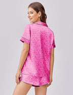 Ekouaer Womens Silk Satin Pajama Set Print Short Sleeve Sleepwear Button Down Pjs Shorts Set Loungewear