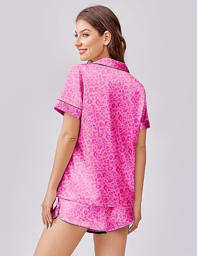 Ekouaer Womens Silk Satin Pajama Set Print Short Sleeve Sleepwear Button Down Pjs Shorts Set Loungewear