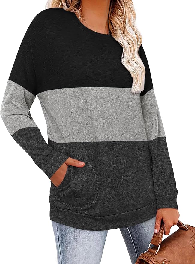 Magritta Women's Long Sleeve Leopard Color Block Tunic Comfy Crewneck T Shirt Tops Black XL