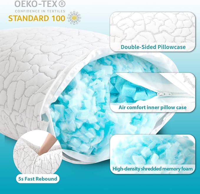Cooling Pillows for Sleeping 2 Pack, Standard Size Adjustable Shredded Memory Foam Pillows, Firm Bed Pillows for Side, Back, Stomach, Hot Sleepers, Cold Pillow for College Dorm Room
