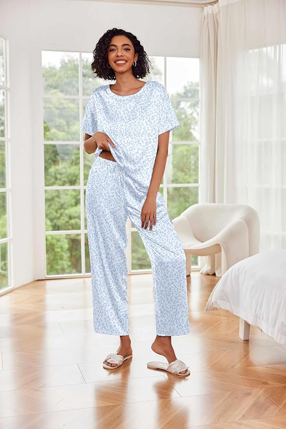Ekouaer Womens Satin Silky Pajama Set Short Sleeve Shirt with Long Pajama Pant Set Soft PJ Loungewear