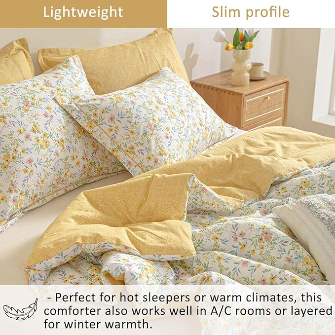 ALEISSEL Natural Cotton 3pcs Floral Comforter Sets King Size-Yellow Comforter with Pink & Yellow Flowers and Blue & Green Leaves on White, Reversible Lightweight Bedding Sets(King 104"×90")