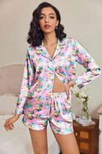 Ekouaer Satin Pajama Set for Women Button Down Pj Set Long Sleeve Top and Shorts 2 Piece Loungewear Summer Soft Sleepwear