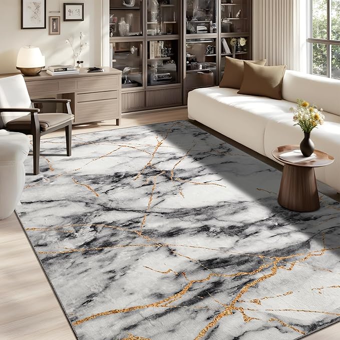 CRYPTOLITE Abstract Area Rug Washable Rug with Non-Slip Backing Low Pile Area Rugs for Living Room,Bedroom,Dining Room,4x6, Gold&Grey