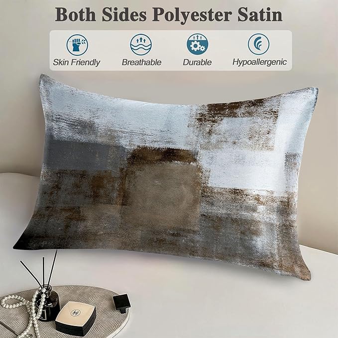 Silk Like Pillowcase for Hair and Skin Grey and Brown Abstract Art 1 Pack Satin Pillowcase with Hidden Zipper Soft Breathable Smooth Cooling Pillow Cover King Size for Bedroom Sofa 20”x36”
