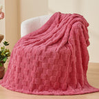 NEWCOSPLAY Super Soft King Blanket Coral Pink Premium Silky Flannel Fleece 3D Checkered Lightweight Bed Blanket All Season Use (Coral Pink Checkered, King(90"x110"))