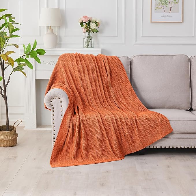 Douceur Orange Throw Blanket for Bed, Soft Cozy Lightweight Stripe Pattern Knitted Throw Blanket for Sofa, Living Room Gift, 50"X60"