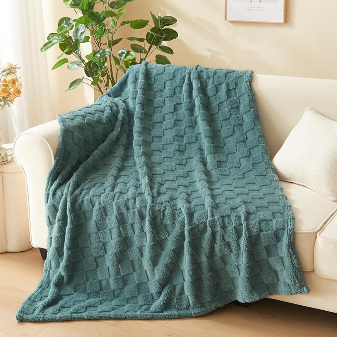 NEWCOSPLAY Super Soft Twin Blanket Light Teal Premium Silky Flannel Fleece 3D Checkered Lightweight Bed Blanket All Season Use (Light Teal Checkered, Twin(60"x80"))