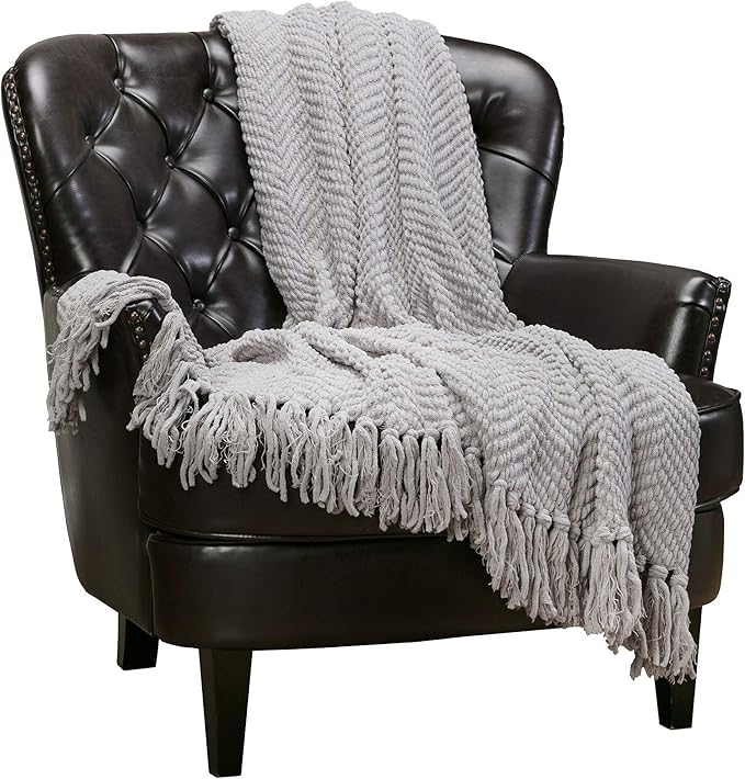 Chanasya Premium Textured Knit Throw Blanket with Tassels - Soft, Cozy Blanket for Couch, Bed, Living Room - 50" x 65” - Silver