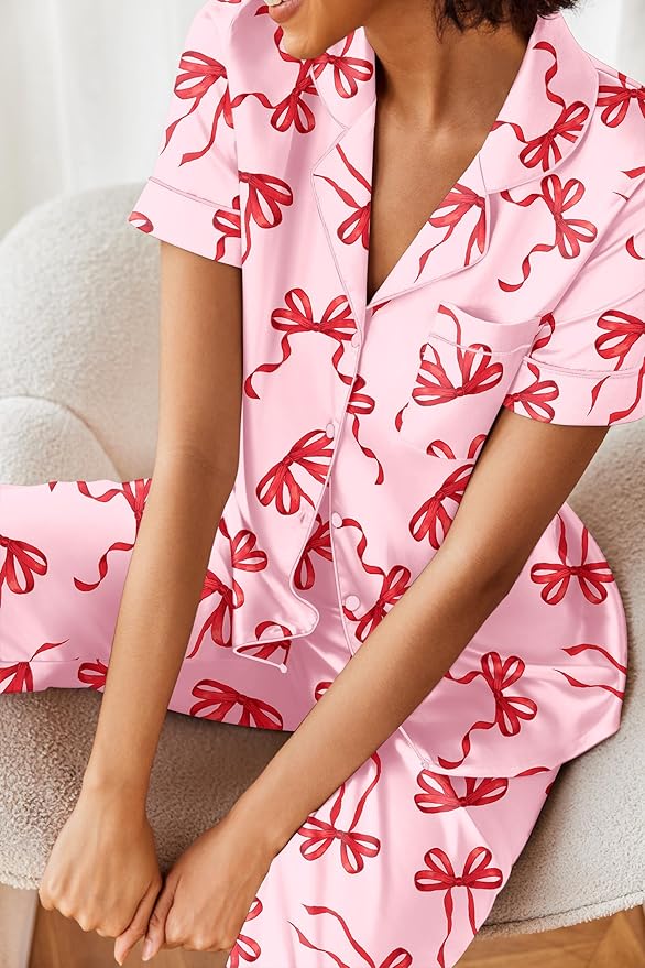 Ekouaer Silk Satin Pajamas Set Women Short Sleeve Sleepwear Soft Button Down Loungewear Pjs Set
