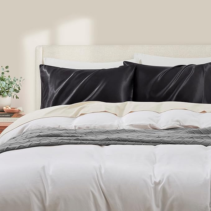 Black King Size Satin Pillowcases Set of 2 for Hair and Skin,Black Silk Pillowcase Breathable Pillowcase with Envelope Closure