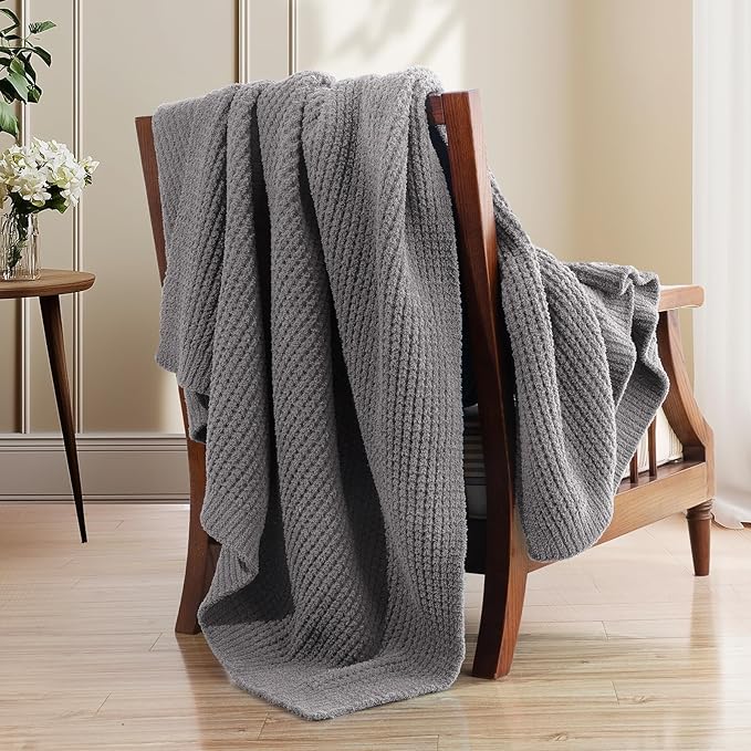 Waffle Knit Throw Blanket, Luxury Cozy Chunky Knit Throw Blanket for Couch, 50 x 60 Inch Thick Ultra-Soft Feather Yarn Knitted Blanket for Sofa, Bed, Home Decor - Grey