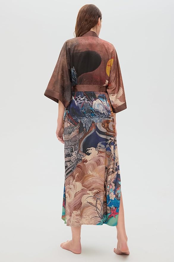 PRODESIGN Kimono Robes for Women - Long Silky Sleepwear Nightgown Bathrobe Floral Dressing Gowns Blouse Bride Bridesmaid Robe