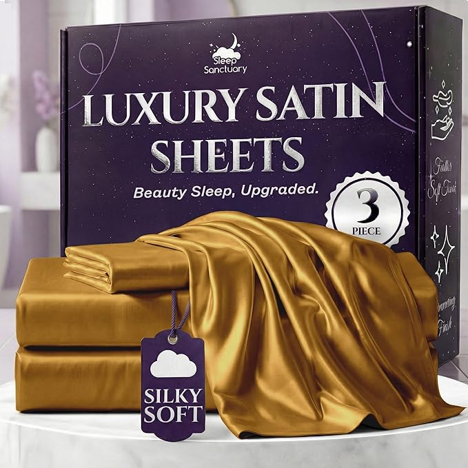 SLEEP SANCTUARY Satin Sheets Twin Size – 3 Piece Luxury Silky Bed Set, Softer Than Silk, 15" Deep Pocket, Cooling & Wrinkle-Free, Moisture-Wicking & Breathable for Hair & Skin (Gold)