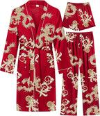 SWOMOG Mens 3 PCS Satin Robe with Pants & Shorts Set Kimono Bathrobe Long Sleeve Sleepwear Pjs Sets with Pockets