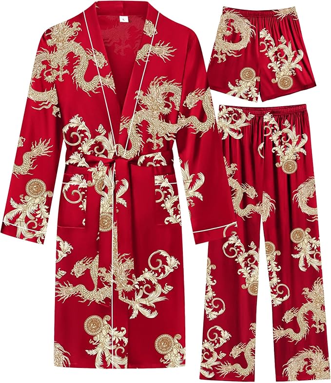 SWOMOG Mens 3 PCS Satin Robe with Pants & Shorts Set Kimono Bathrobe Long Sleeve Sleepwear Pjs Sets with Pockets