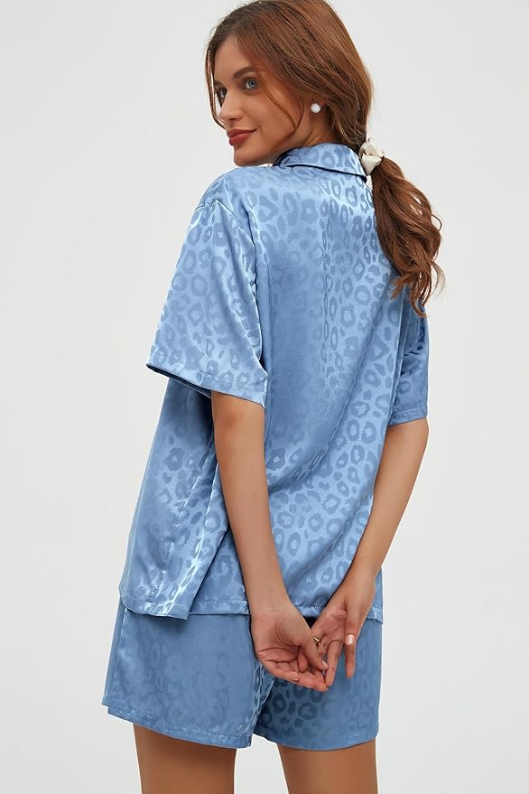 CHYRII Women's Silk Satin Pajamas Sets Tie Front Short Sleeve Tops and Shorts Two Piece Pj Sets Sleepwear