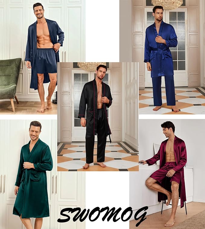 SWOMOG Mens 3 PCS Satin Robe with Pants & Shorts Set Kimono Bathrobe Long Sleeve Sleepwear Pjs Sets with Pockets