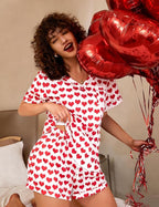 ASTANFY Valentines Day Pajamas Women 2 Piece Silk Valentine Pjs Cute Heart Pajamas V Neck Satin Sleepwear Loungewear Set