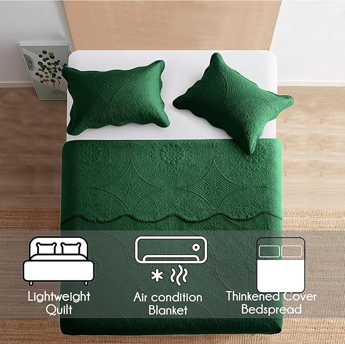 IR Imperial Rooms Twin Quilt Bedding Set Size (68” x 86”) + 1 Pillow Shams (20” x 26” + 2”) - 2 Pcs All Season Lightweight Reversible Microfiber Coverlet Floral Embossed Quilt Bedspread (Emerald)