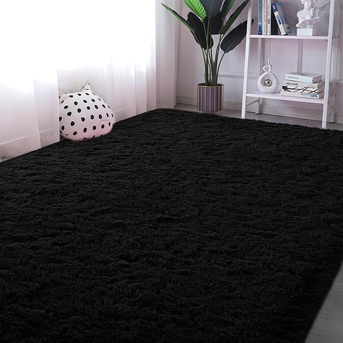Black Runner Area Rugs for Bedroom Living Room, 2x6 Feet Fluffy Bedside Rugs, Soft Shaggy Carpet Rug for Kids Room Nursery, Furry Cute Rugs for Girls Boys Dorm Room Home Decor