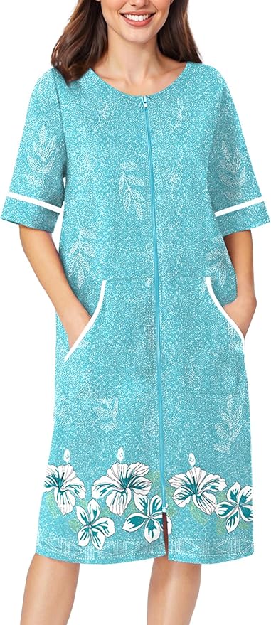 Ekouaer Women Zipper Robe Short Sleeve Duster Housecoat Short Bathrobes Zip Front Nightgown with Pockets S-3XL