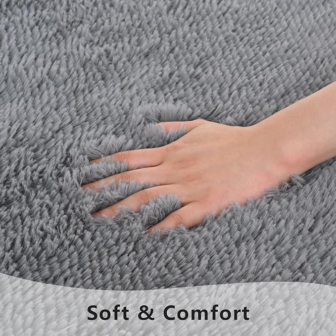 Grey Runner Area Rugs for Bedroom Living Room, 2x6 Feet Fluffy Bedside Rugs, Soft Shaggy Carpet Rug for Kids Room Nursery, Furry Cute Rugs for Girls Boys Dorm Room Home Decor