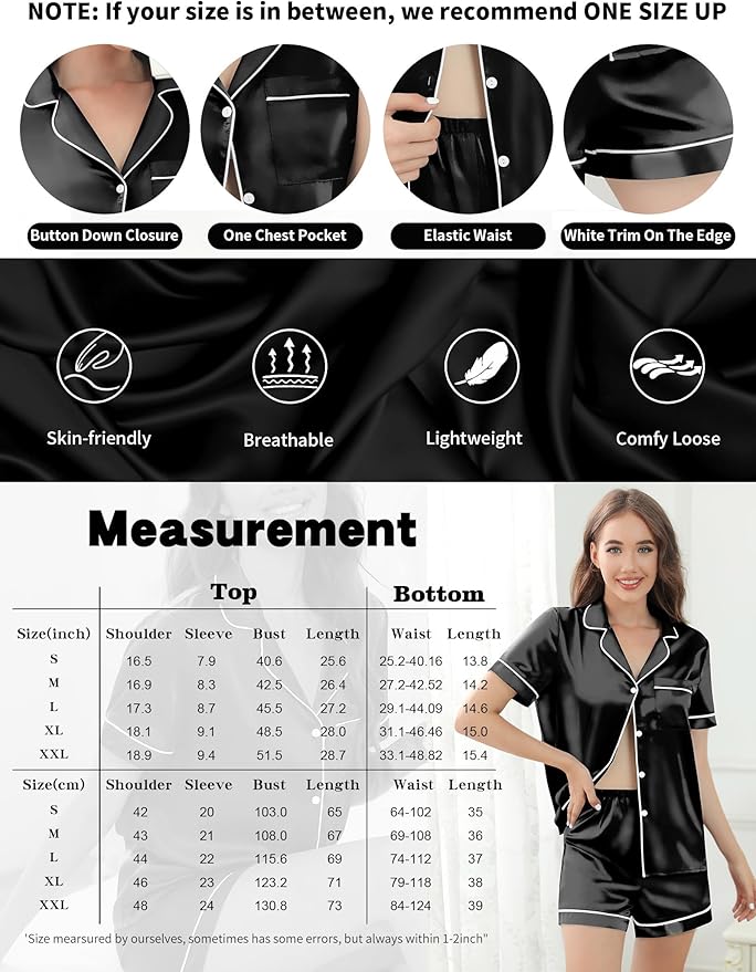 Silk Pajamas for Women Satin Womens PJ Set 2 Piece Short Lounge Set Summer Sleepwear Notch Collar Button-Down Pjs