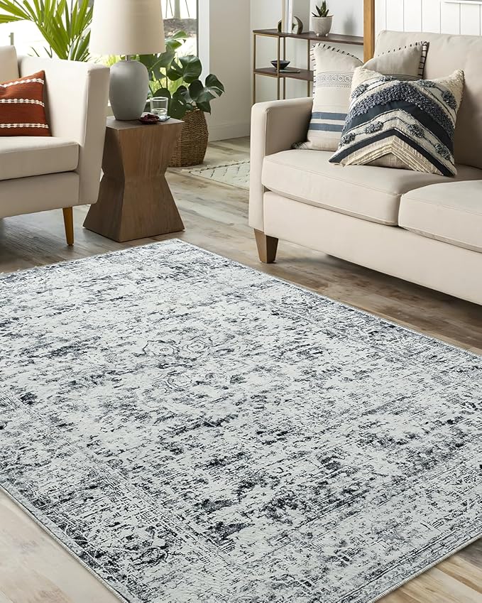 CRYPTOLITE Washable Area Rugs 5x7 Vintage Rug Non Slip Low Pile Faux Wool Soft Carpet for Living Room Bedroom Dining Room Farmhouse Bathroom Kids Playroom Grey