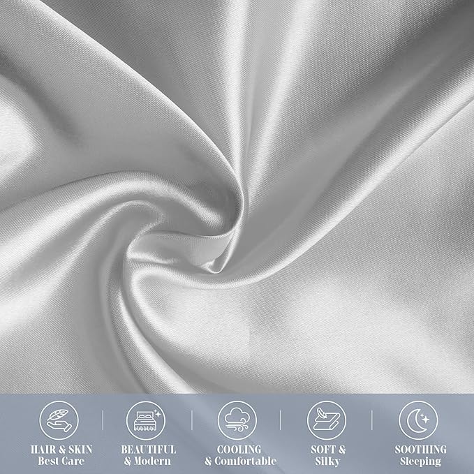 Elegant Comfort 2-Pack Cooling Viscose Satin Pillowcase Set with Hidden Zipper Closure, Silky Smooth for Best Hair and Skin Care-Beautiful Gift Box-2-Piece Satin Pillowcase Set, King, Silver Gray