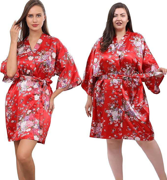 QXQTER Peony Floral Silky Satin Robe Wedding Bridal Party Bride Bridesmaid Robes for Women Dressing Gown Kimono Robe