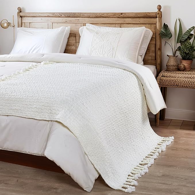 Home Soft Things Basket Weave Throw Blanket, Soft Cozy Warm Blanket with Braided Decorative Throw for Couch Sofa Outdoor Indoor, Antique White, 50''x60