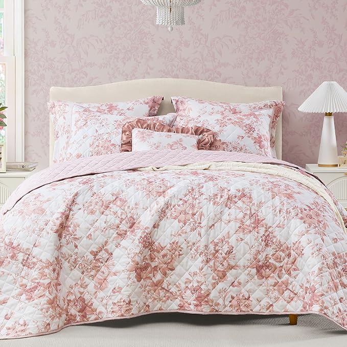 BLOOMHAVEN Quilt Set Twin Size, Dusty Rose Floral Quilt Sets, Reversible Bedspread Lightweight and Breathable for All Seasons, Soft Quilted Bedspread with 1 Pillow Sham