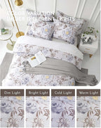 ALEISSEL Luxurious Cotton 3pcs Floral Comforter Sets King Size - Light Gray Comfoter with Bluish Gray & Taupe Floral and Botanical Prints, Vintage Lightweight Bedding Sets(King 104"×90")